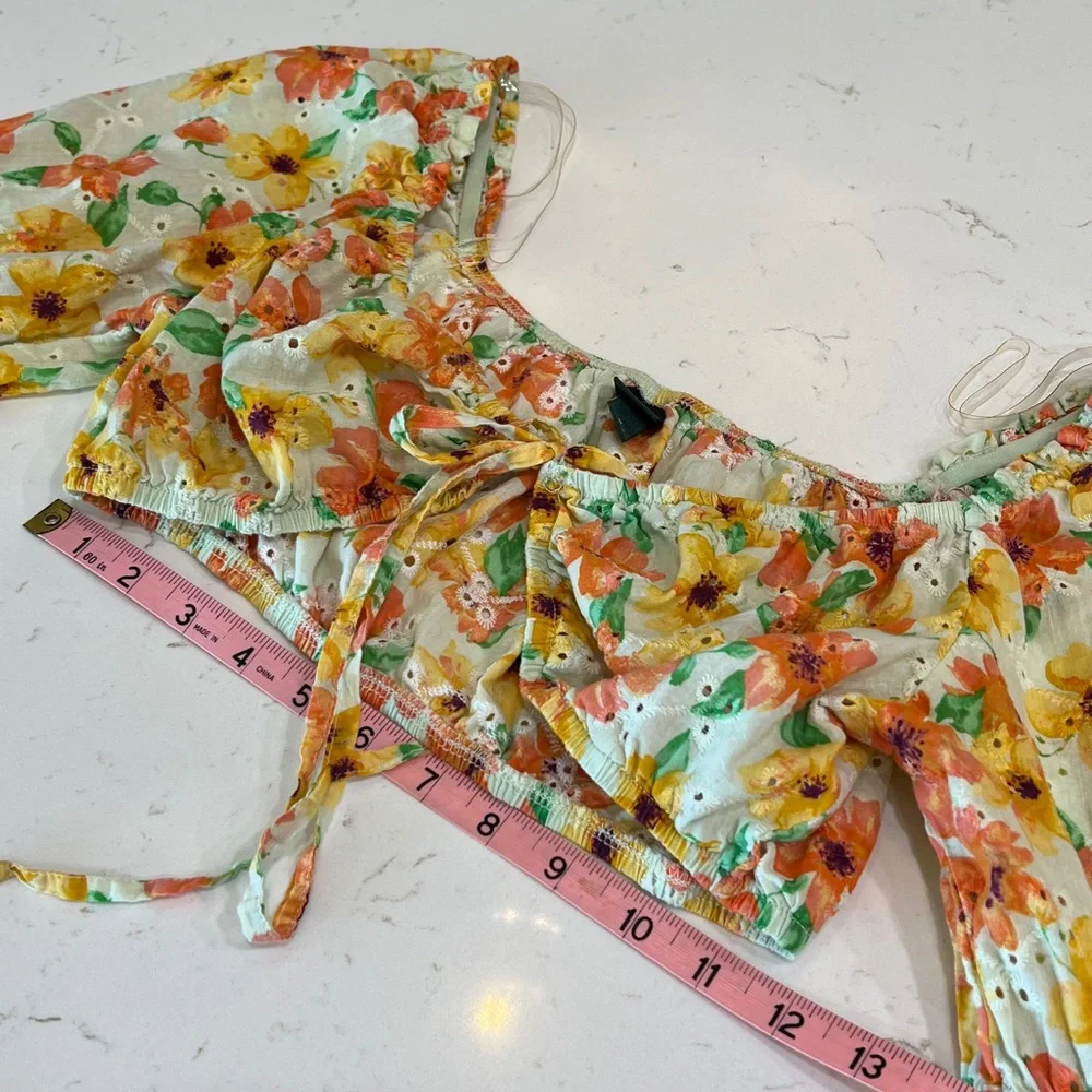 Wild Fable Puff Long Sleeve Alkaid Tiny Top Floral Eyelet Front Tie Size M - Picture 12 of 12